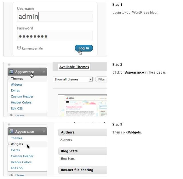 Pasos 1 a 3 de la inclusión del widget de recomendación en redes sociales